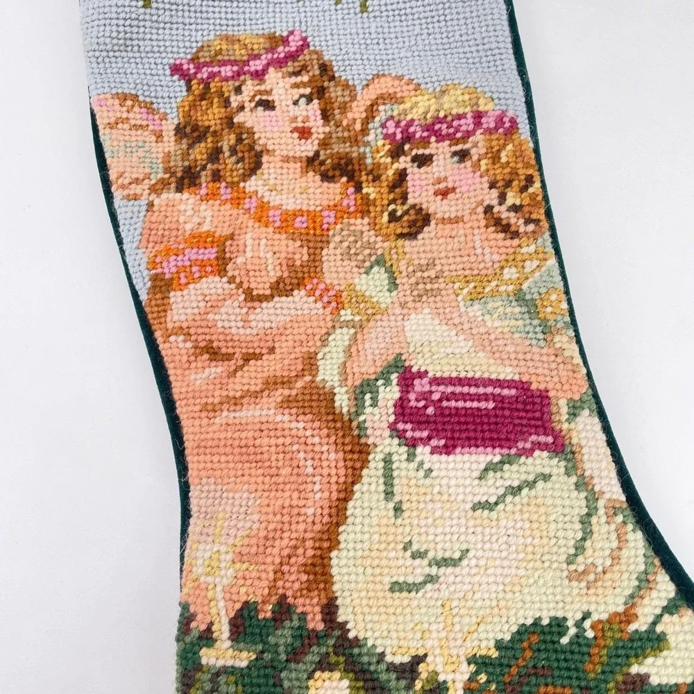 Needlepoint Christmas Stocking Angels Candles Wool Velvet Green 21 In